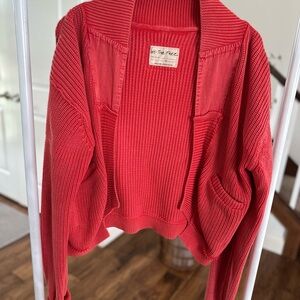 We The Free Coral Red Ribbed Cardigan Sweater